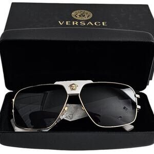 Versace men's VE2251 navigator/pilot sunglasses in a gold-tone steel frame